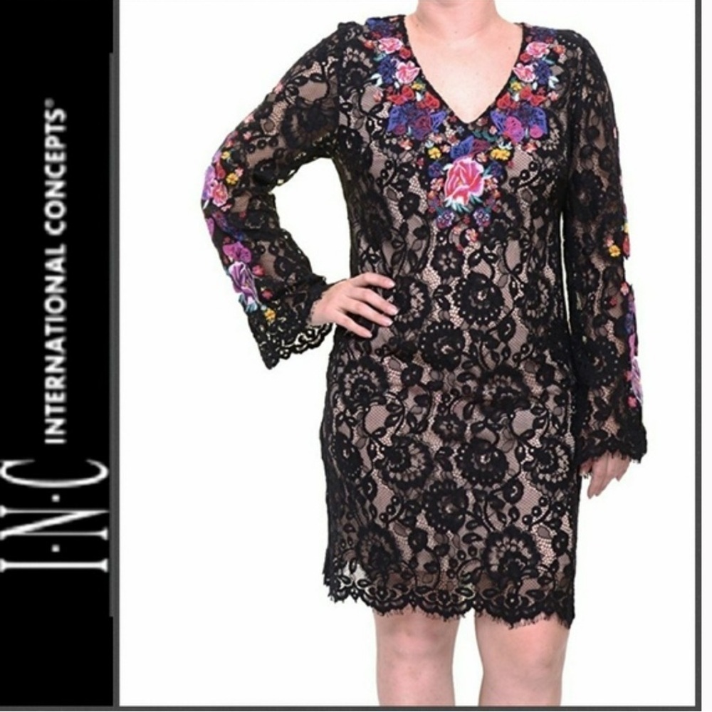 INC Floral Embroidered Black Lace Bell Sleeve Sheath Dress‎ Size 2
